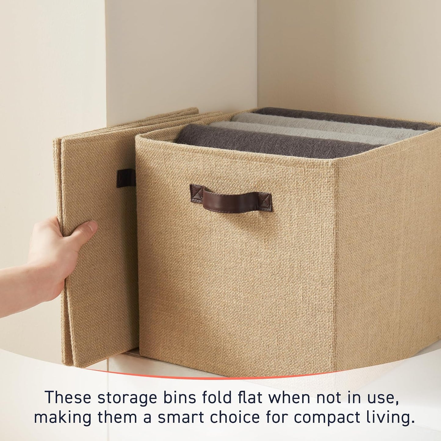Ornavo Home 10.5x10.5 Jute Storage Cube Bins, 6 Pack, Leather Handles | Foldable Collapsible Fabric Shelf Basket Organizer; Ideal for Closet Storage; Storage Cube Organizers