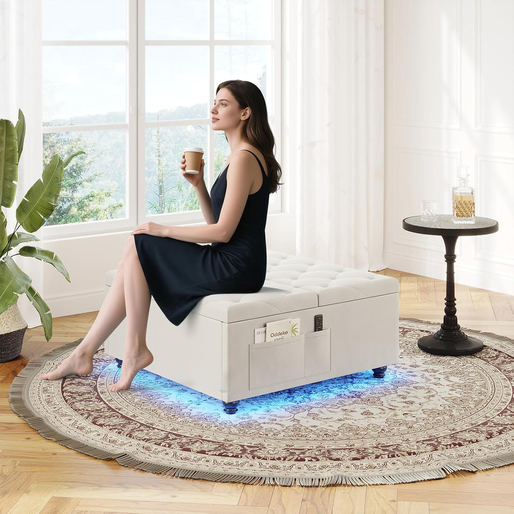 Dnxao 31.5 Inch Large Square Ottoman with Storage and Removable Tray, Beige