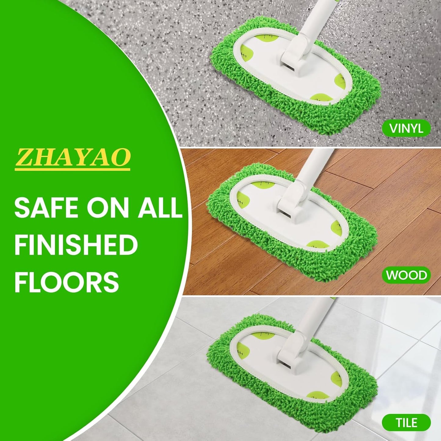 Reusable Microfiber Floor Mop System, Wet & Dry Sweeper Kit, Includes 1 Sweeper Handle, 3 Washable Chenille Mop Pads, Dry & Wet Use for Hardwood, Tile, and Laminate Floor, Green
