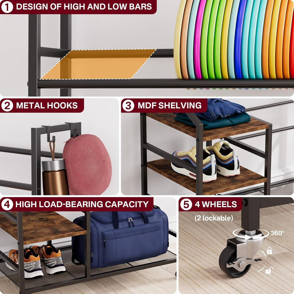 Portin Disc Golf Storage Rack with Wheels, 5 Tier Disc Station Organizer