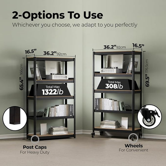HOMEDANT House 5-Tier Metal Rolling Cart Shelf Rack Casters Heavy Duty - Image 2