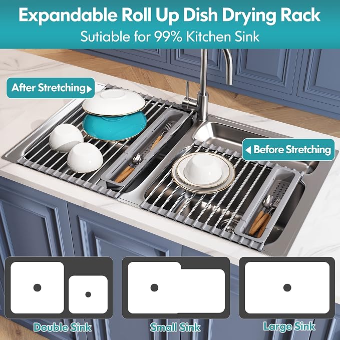 JASIWAY Roll Up Dish Drying Rack, Expandable Stainless Steel Portable Drainer - Image 3