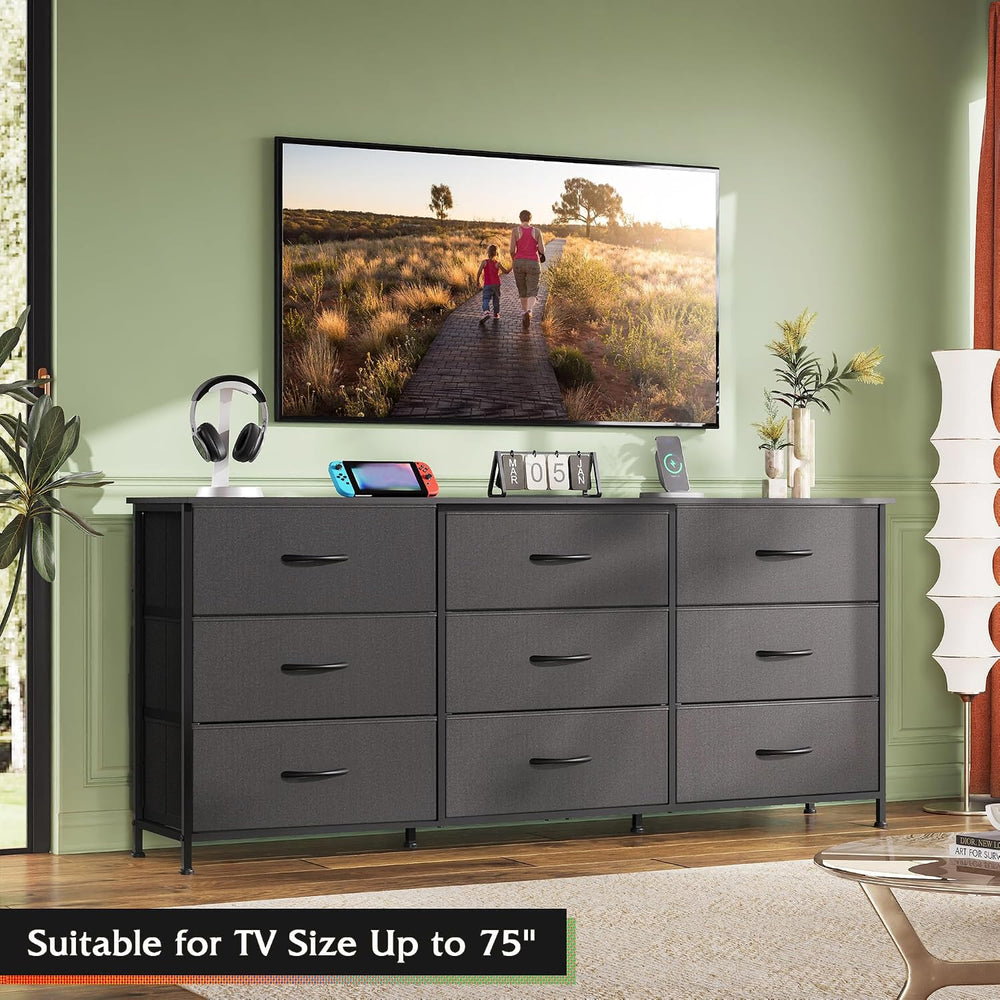 WLIVE Dresser TV Stand for 75 Inch TV, 9 Drawer Dresser for Bedroom, Black