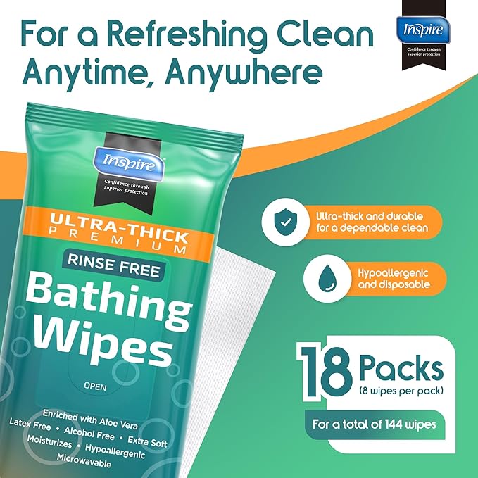 Inspire Ultra Thick Rinse Free Body Wipes, Bathing Wipes, Rinse Free Wet Wipes - Image 7