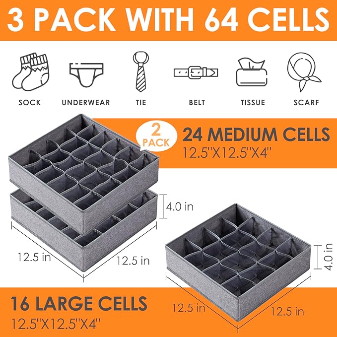 Criusia 3 Pack Sock Underwear Drawer Organizer Dividers, 64 Cell Fabric - Image 2