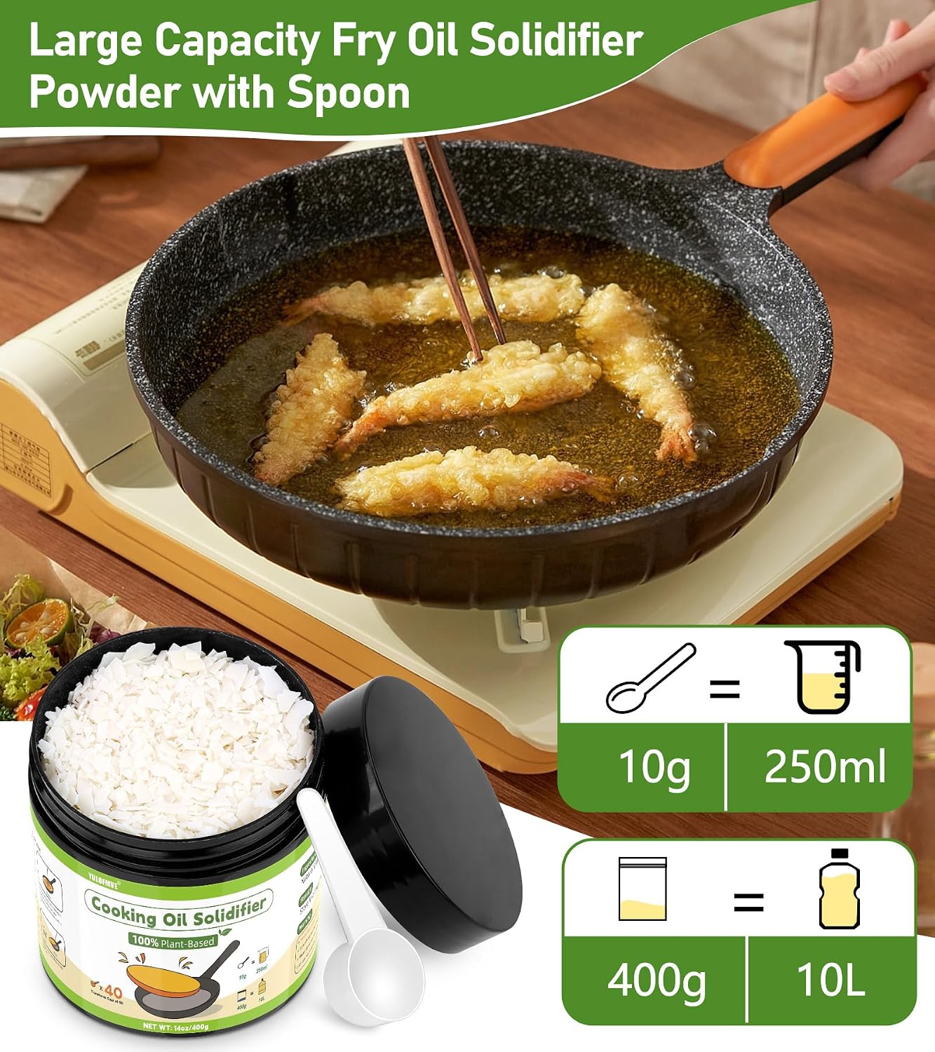 Cooking Oil Solidifier Powder, 14 oz Solidifies Up to 40 Cups from Mess, 100% Plant-Based Grease Hardener for Easy Disposal, No Clogged Drains, for Frying Oil and Bacon Grease