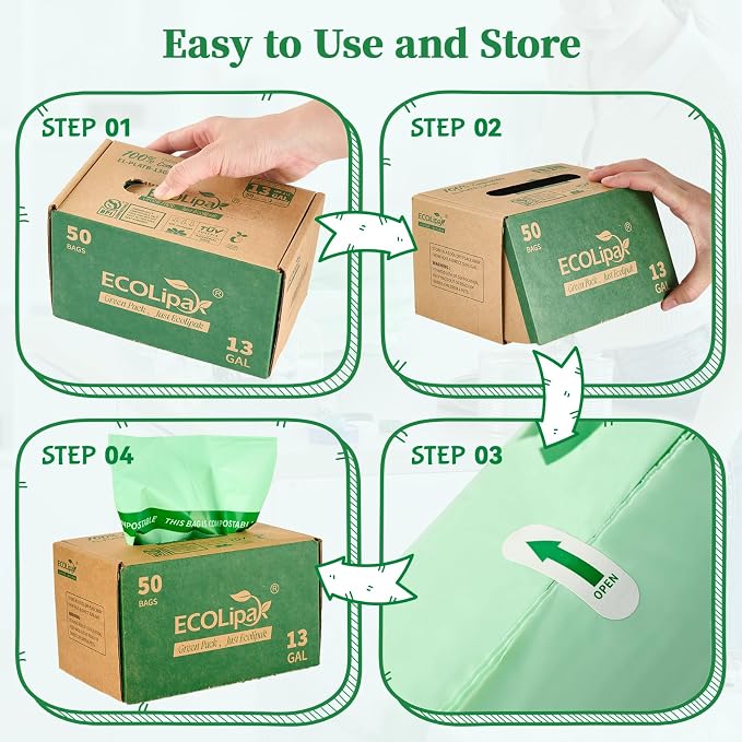 ECOLipak 13 Gallon Compostable Trash Garbage Bags, US BPI ASTM D6400 and OK - Image 5