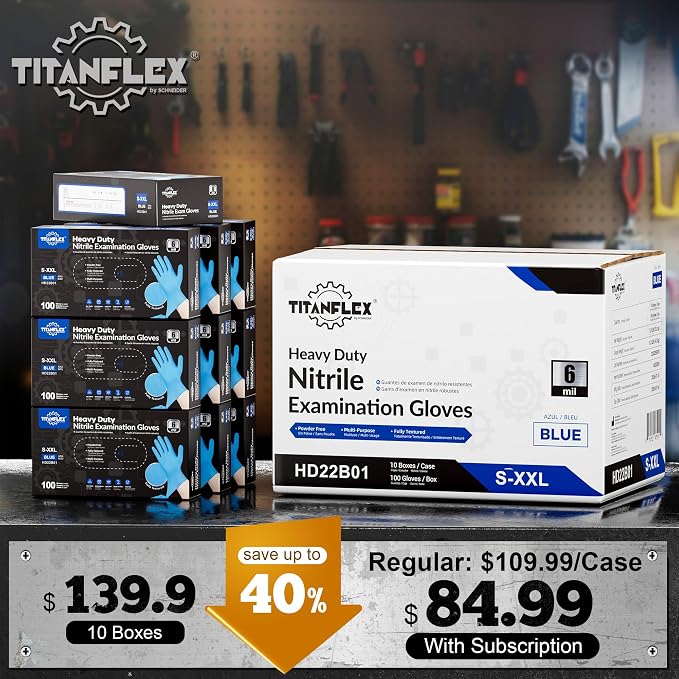TitanFlex Heavy-Duty Blue Nitrile Gloves, Fully Textured, Mechanic Disposable - Image 2