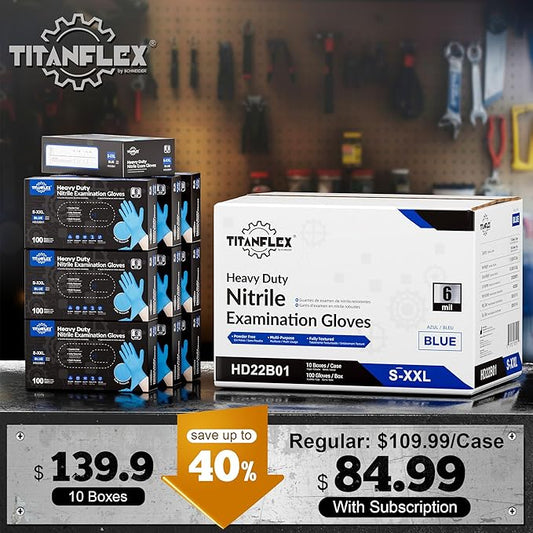 TitanFlex Heavy-Duty Blue Nitrile Gloves, Fully Textured, Mechanic Disposable - Image 2