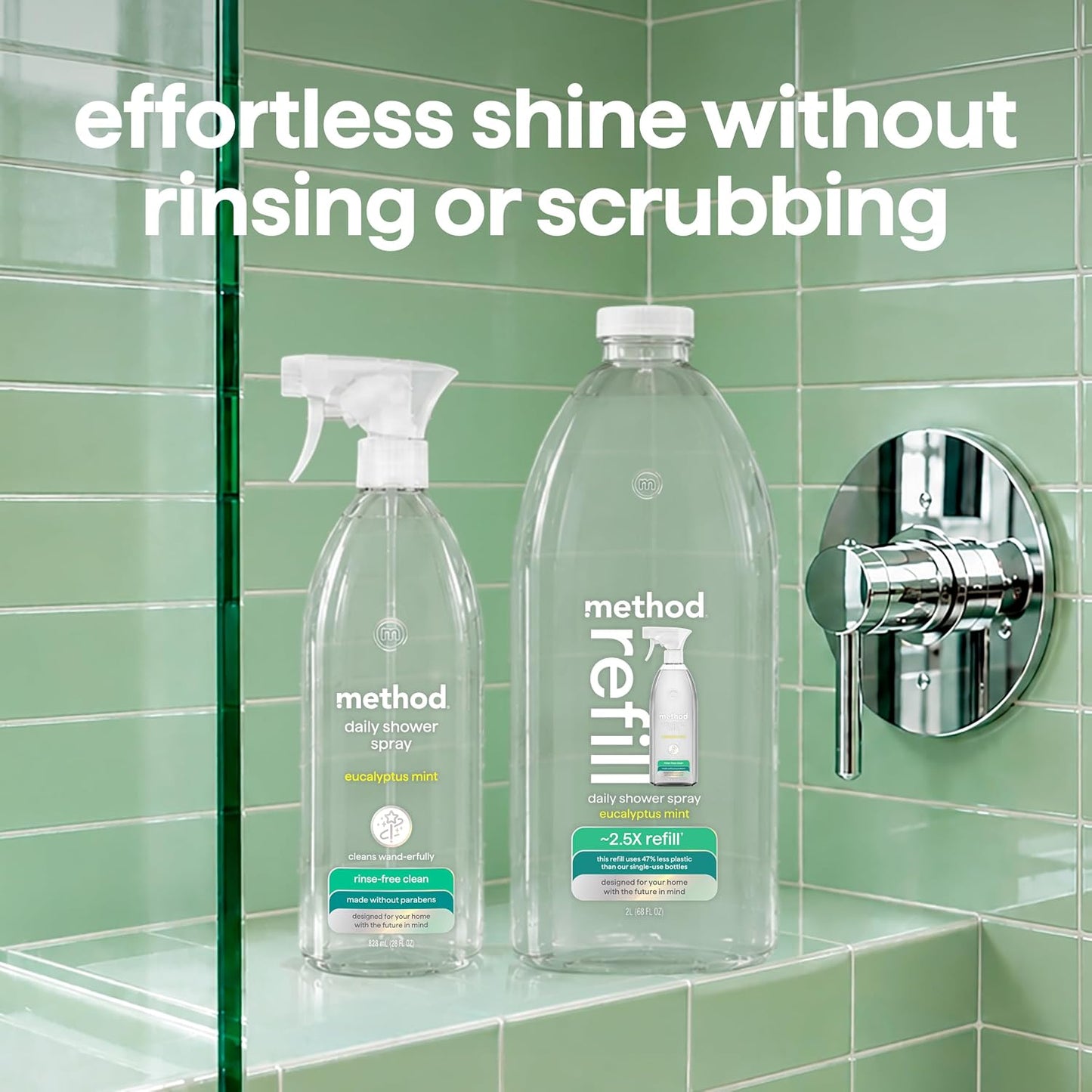 method Daily Shower Cleaner Refill, Eucalyptus Mint, 68 fl oz | Removes Soap Scum, Grime & Stains, For Use on Showers, Tubs, Tile, Glass & Fixtures, Dissolves Right Away, 2.5X Refill