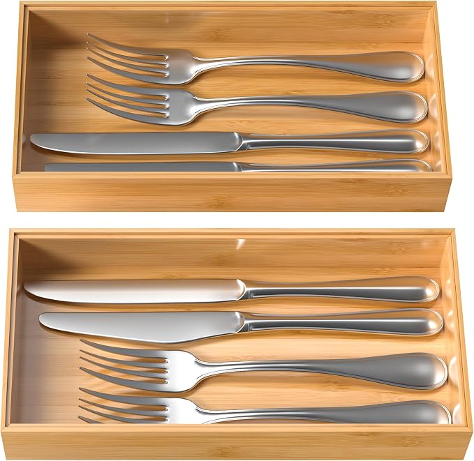 Silverware Tray for Drawer, Stackable Kitchen Bamboo Drawer Organizer 12" x 6" - Image 7