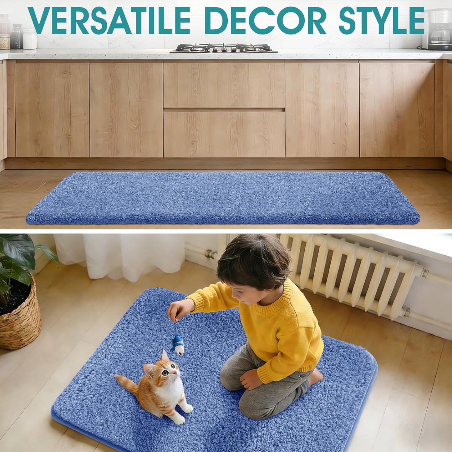 Microfiber Thick Bathroom Rugs, Flurry Non Slip Bath Rug, Ultra Soft Plush Absorbent Bathroom Mat, Machine Washable Luxury Toilet Rug Set, Bath Mat for Tab, Shower and Bathroom, Blue, 24"x17"