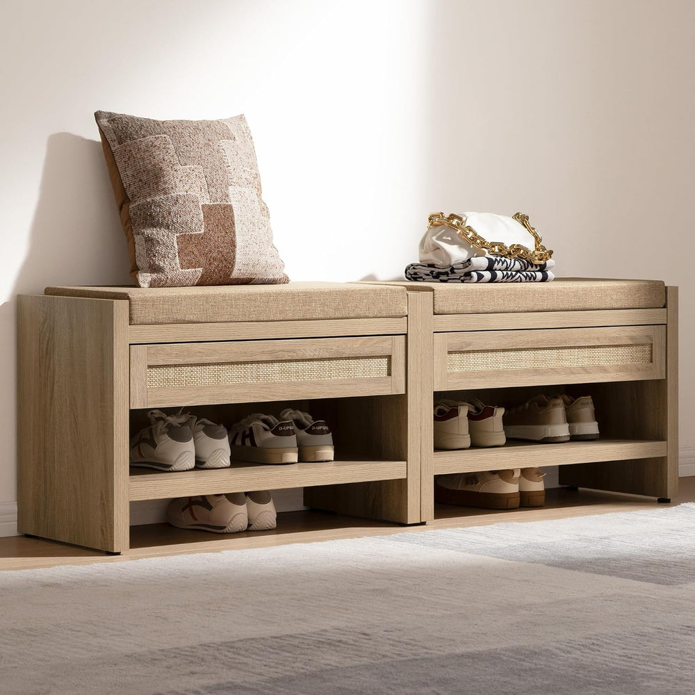 SICOTAS Rattan Shoe Bench Entryway Bench with Storage Drawer, Linen Cushion