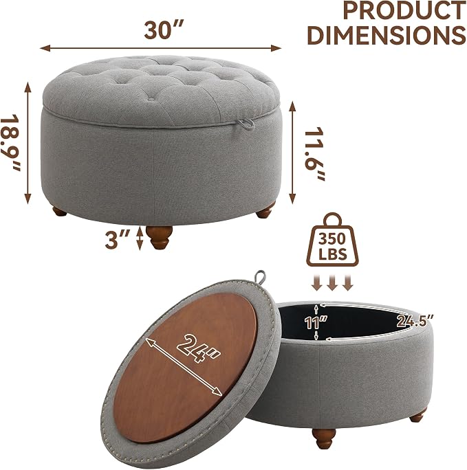 30Inch Round Storage Ottoman - Image 2