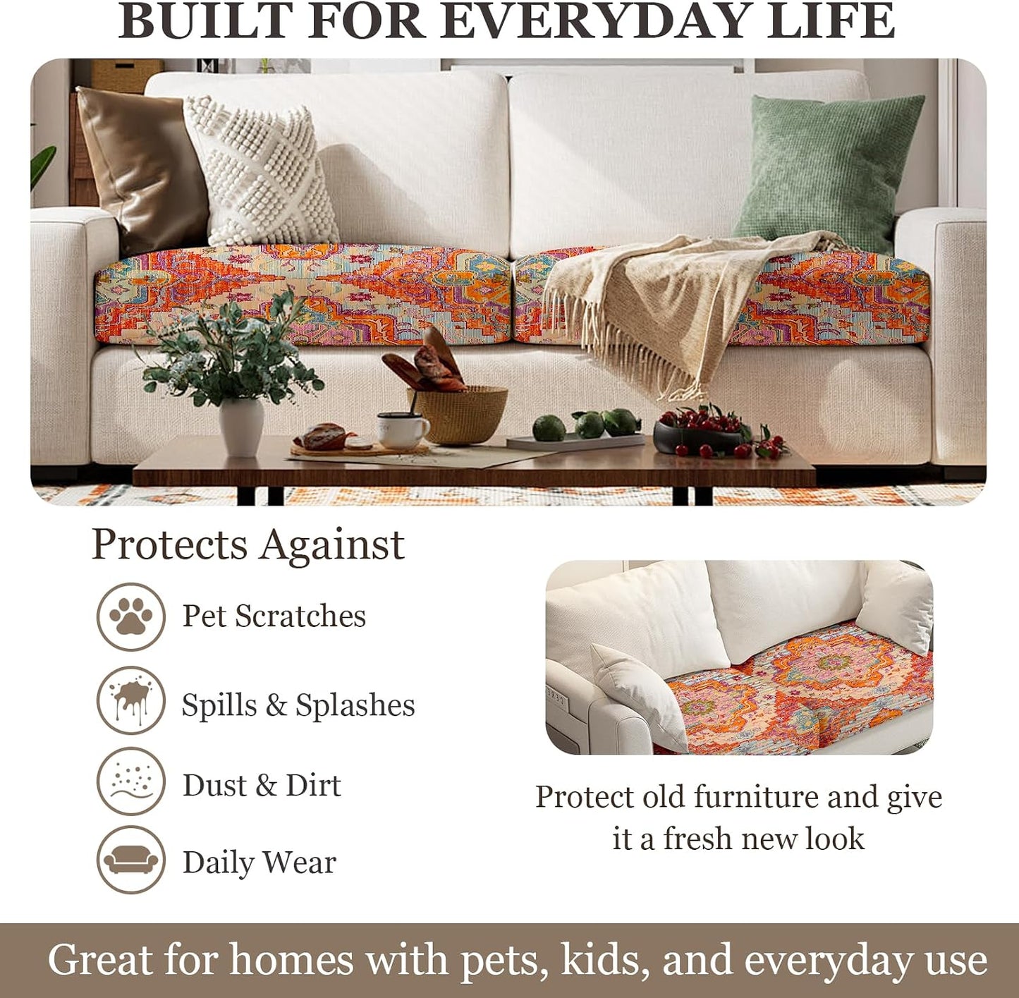 Boho Printed Couch Cushion Covers, Waterproof Stretch Outdoor Cushion Covers, Patio Sofa Covers with Elastic Bottom-3 Pieces, Orange
