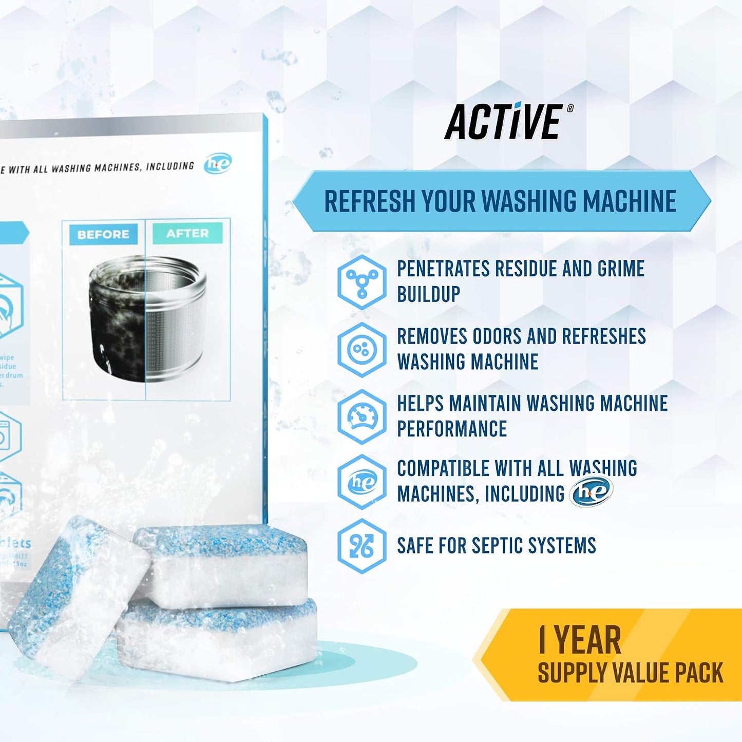 ACTIVE Washing Machine And Dishwasher Cleaning Tablets Bundle - Includes 12 Month Supply Dishwasher Cleaner Deodorizer & Washing Machine Descaler Deep Cleaning Tablets - 48 Tablet Combo