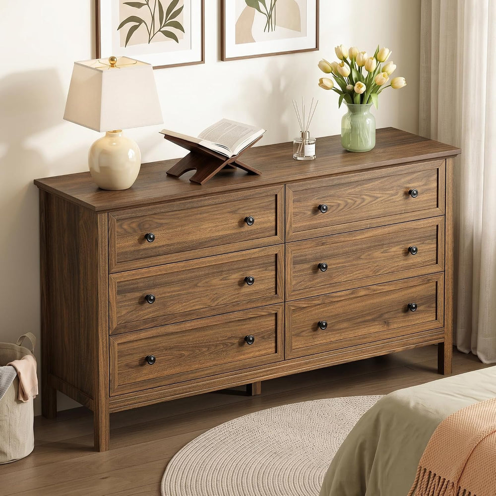 Walnut 6 Drawer Dresser for Bedroom, 55" Wood Chests of Drawers for Hallway