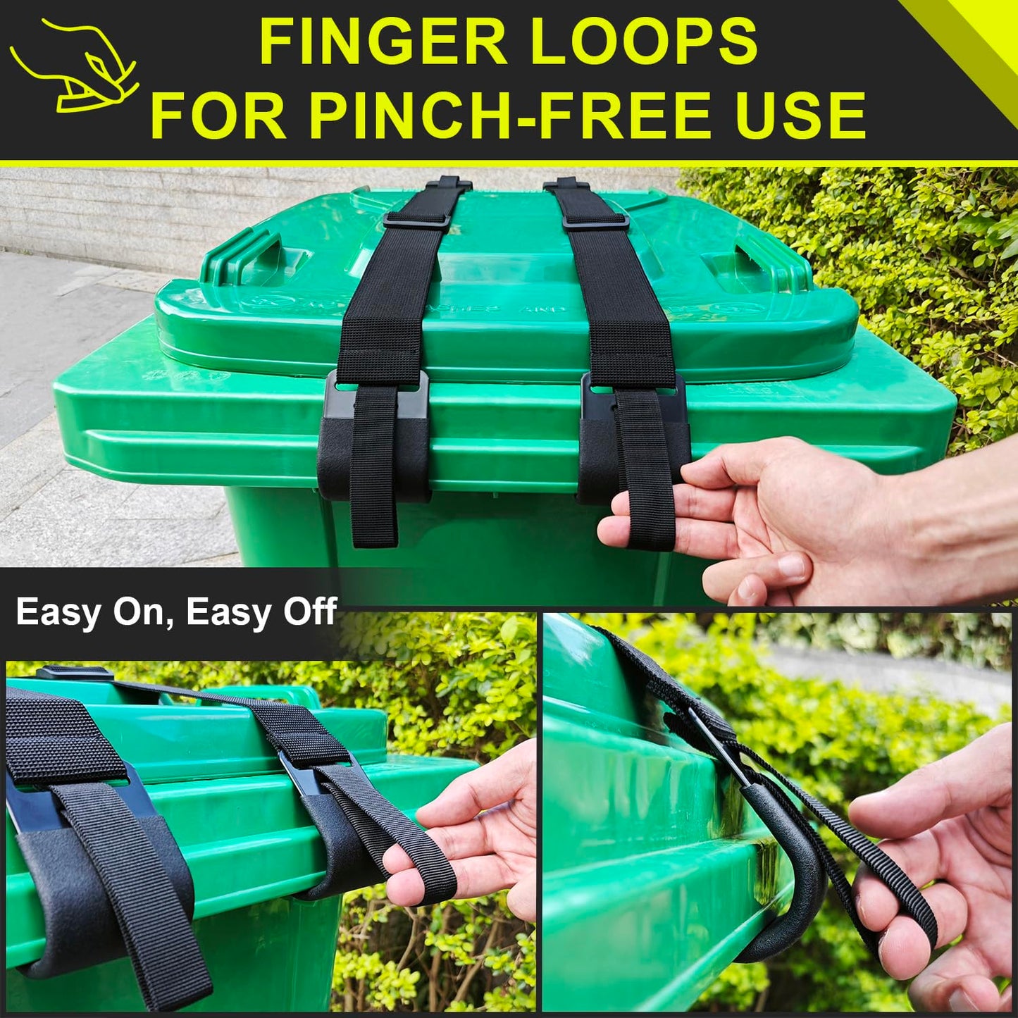 GripHandle Metal Double-Claw Trash Can Lid Lock Strap for Animals,Bungee Cord with Hooks for Trash Bin Garbage Pail,Outdoor Outside Trash Lid Holder to Keep Raccoons Out,Fits 20-96 Gallon Cans - 1pc