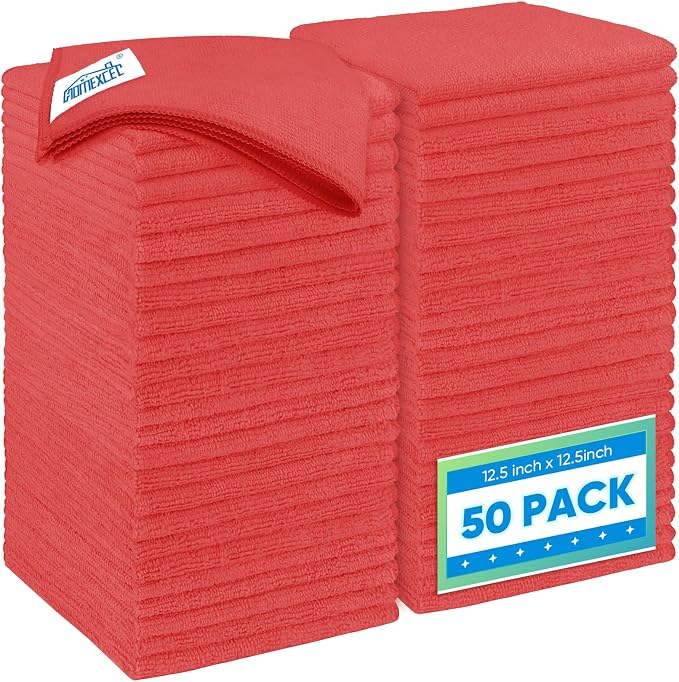 HOMEXCEL Red Microfiber Cleaning Cloth 50 Pack, 12.5 x 12.5 inch Microfiber by HOMEXCEL
