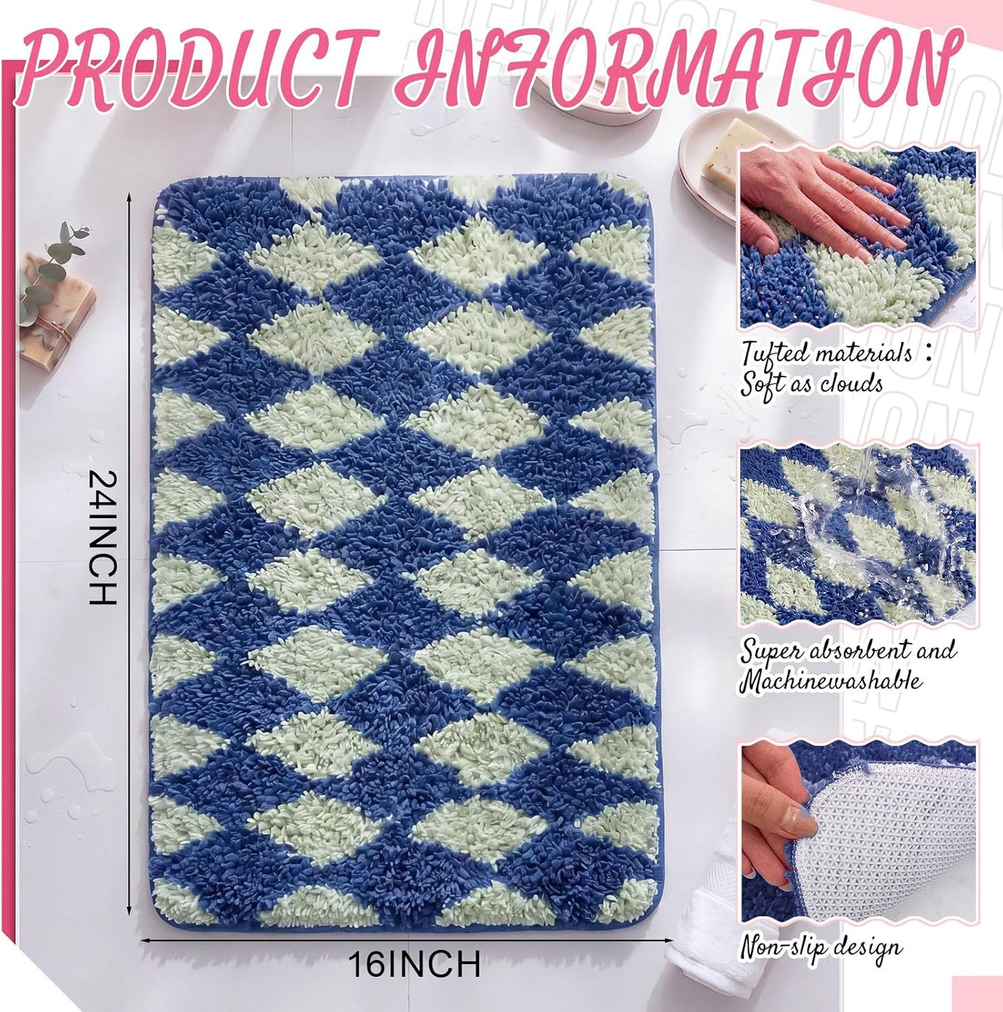 Kacctyen Checkered Bath Mat 24x16 Inch Cute Diamond Tufted Bathroom Rug Soft Absorbent Non-Slip Washable Microfiber for Tub Shower Apartment Dorm Home Decor(Blue and Green)