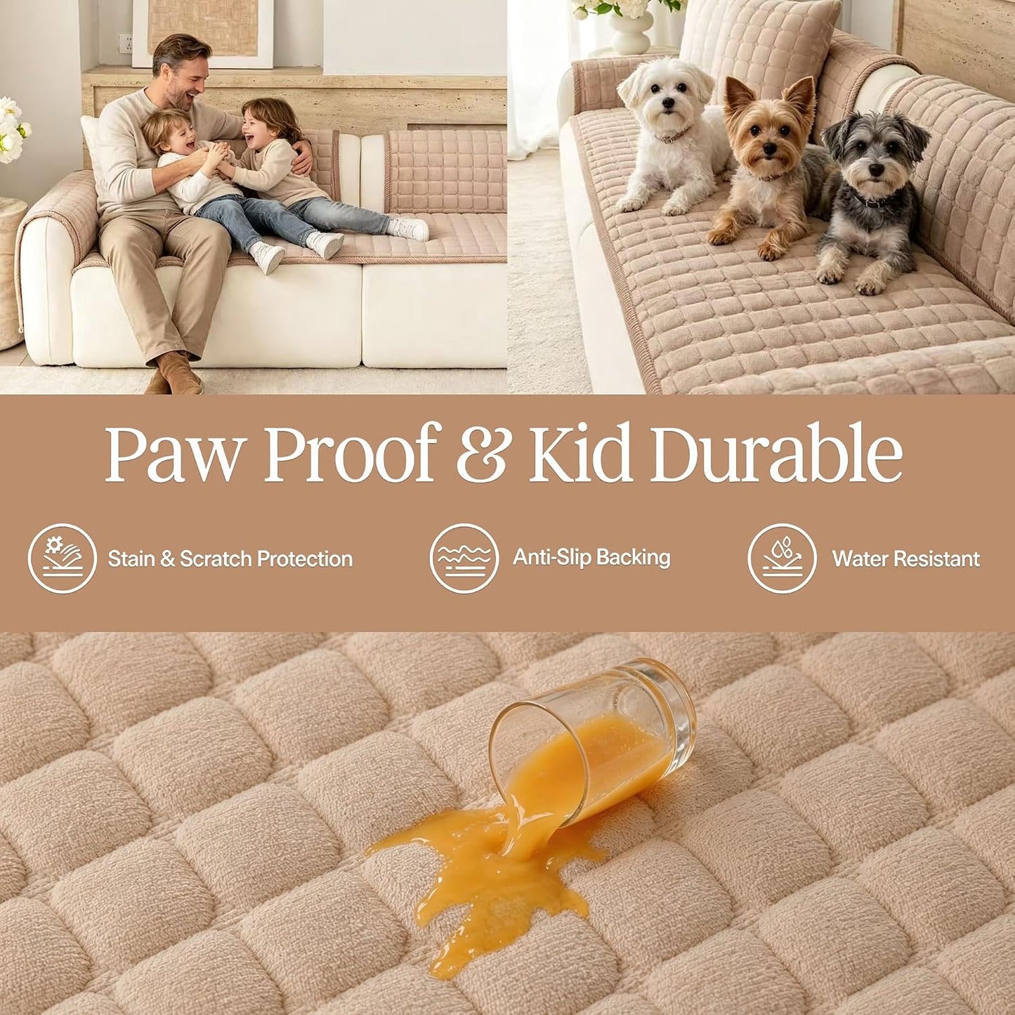 Premium Velvet Washable Dog Couch Cover, Non Slip Sofa Cover for 3 Cushion, L Shaped Waterproof Fumiture Protector Covers(1PC/27.6"x27.6",Khaki)