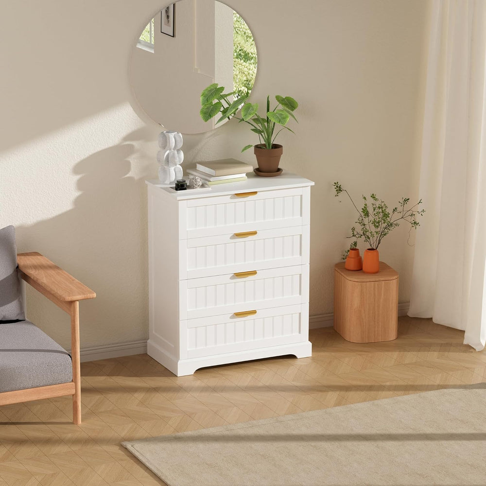 4 Drawer Dresser for Bedroom, Modern Farmhouse Wood Chest of Drawers with Met...