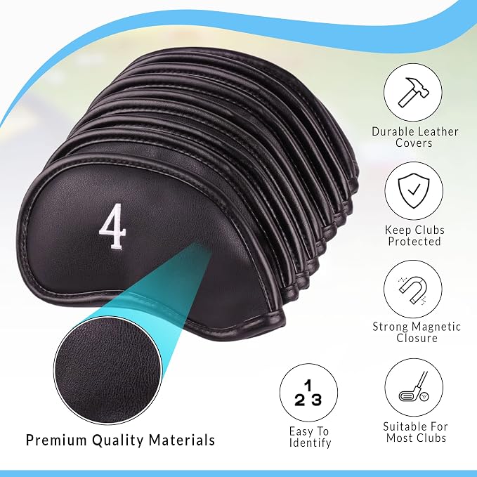 Premium Magnetic Leather Iron and Wedge Golf Club Head Covers | Set of 10 | - Image 2