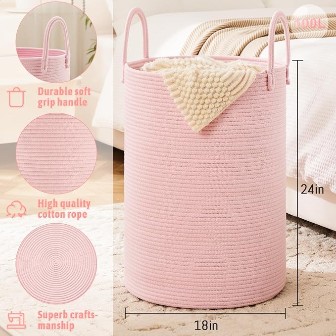 Laundry Basket, Woven Cotton Rope Laundry Hamper, 100L - Image 6