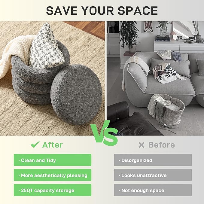 Round Ottoman with Storage Boucle Ottoman Stool with Storage Removable Lid - Image 4
