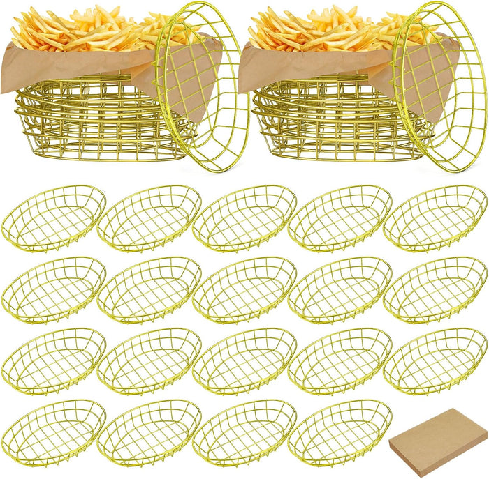 Hushee 24 Pcs Gold Wire Fast Food Basket with 100 Sheets Deli Wrapper Paper 9.5 x 6.2 x 2.2 Inches Metal Bread Box Oval Metal Dinner Basket Storage for Kitchen Bread Deli Serving Burger Picnic Party