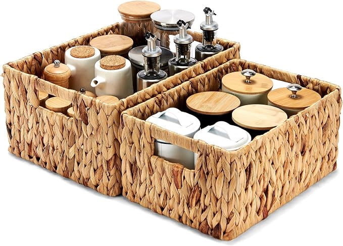 Wicker Baskets 2 Pack, Water Hyacinth Rectangular Storage Basket by ROSOS