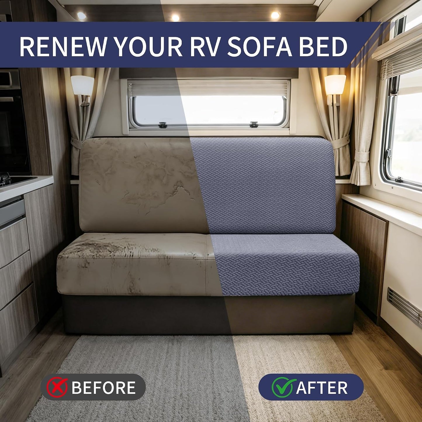 RV Couch Covers for Sofa Bed, 2 PCS Backrest and Seat Slipcovers and 2 PCS Throw Pillow Covers, Stretchable Slipcovers for Jackknife Sleeper Sofas (Grayish Blue)