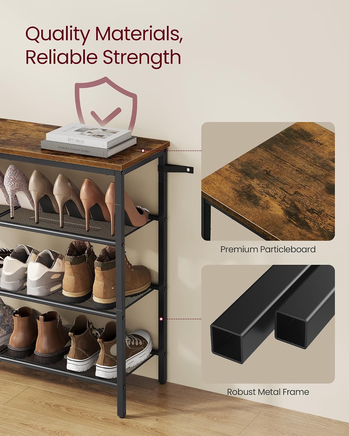 VASAGLE 5-Tier Shoe Rack, Large Shoe Storage Organizer for Closet, Entryway, 18-24 Pairs, with 4 Metal Mesh Shelves, 10.8 x 29.5 x 36.6 Inches, Rustic Brown and Black ULBS115KD01