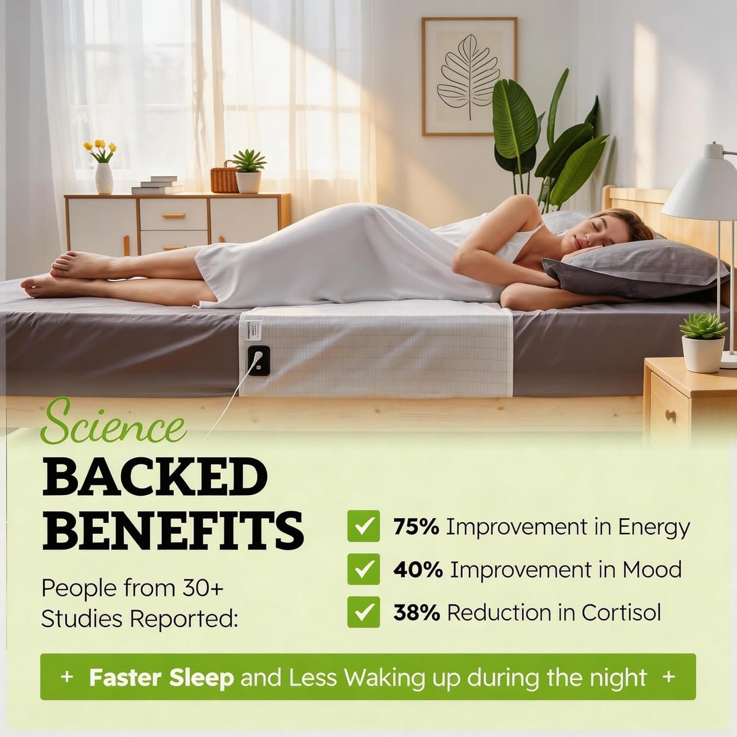 EarthingWell Grounding Sheet for Bed, Grounding Bed Sheet with Silver Fiber & Organic Cotton for Deep Rest, Earthing Sheet Strip with 15.5 ft Grounded Cord, Fits Full Queen King Beds (20" x 104")
