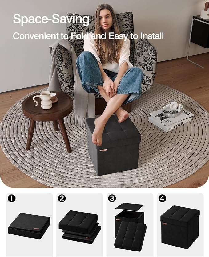 Folding Storage Ottoman, Velvet Storage Bench, - Image 5