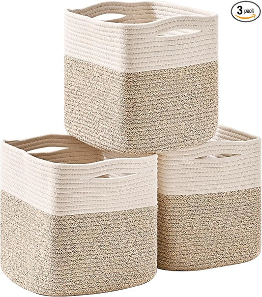 11 Inch Cube Storage Bins, Organizer Woven Cotton Rope Square Baskets by ICERZCZ