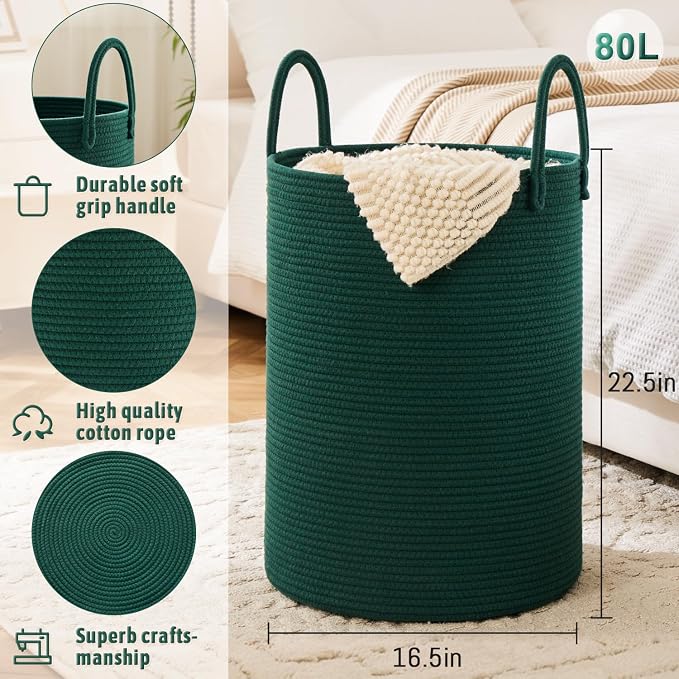 Laundry Basket, Woven Cotton Rope Laundry Hamper, 80L - Image 6