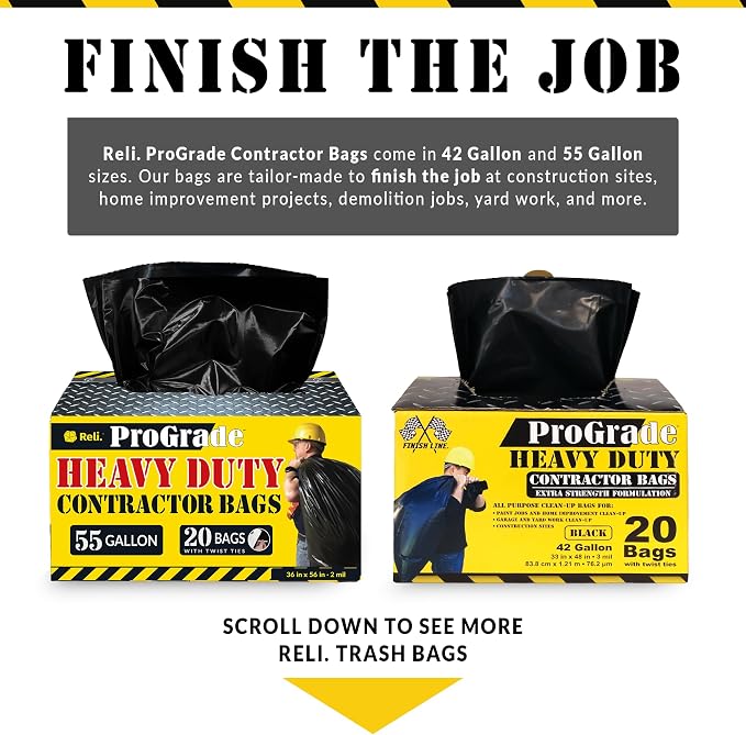 Reli. Contractor Garbage Bags 55 Gallon | 40 Trash Bags | Heavy Duty | Black - Image 7