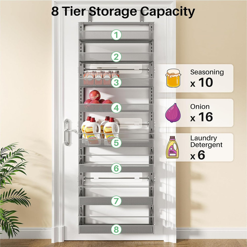 SNTD 8 Tiers Over the Door Organizer, 17" W x 6" D x 69" H, Grey