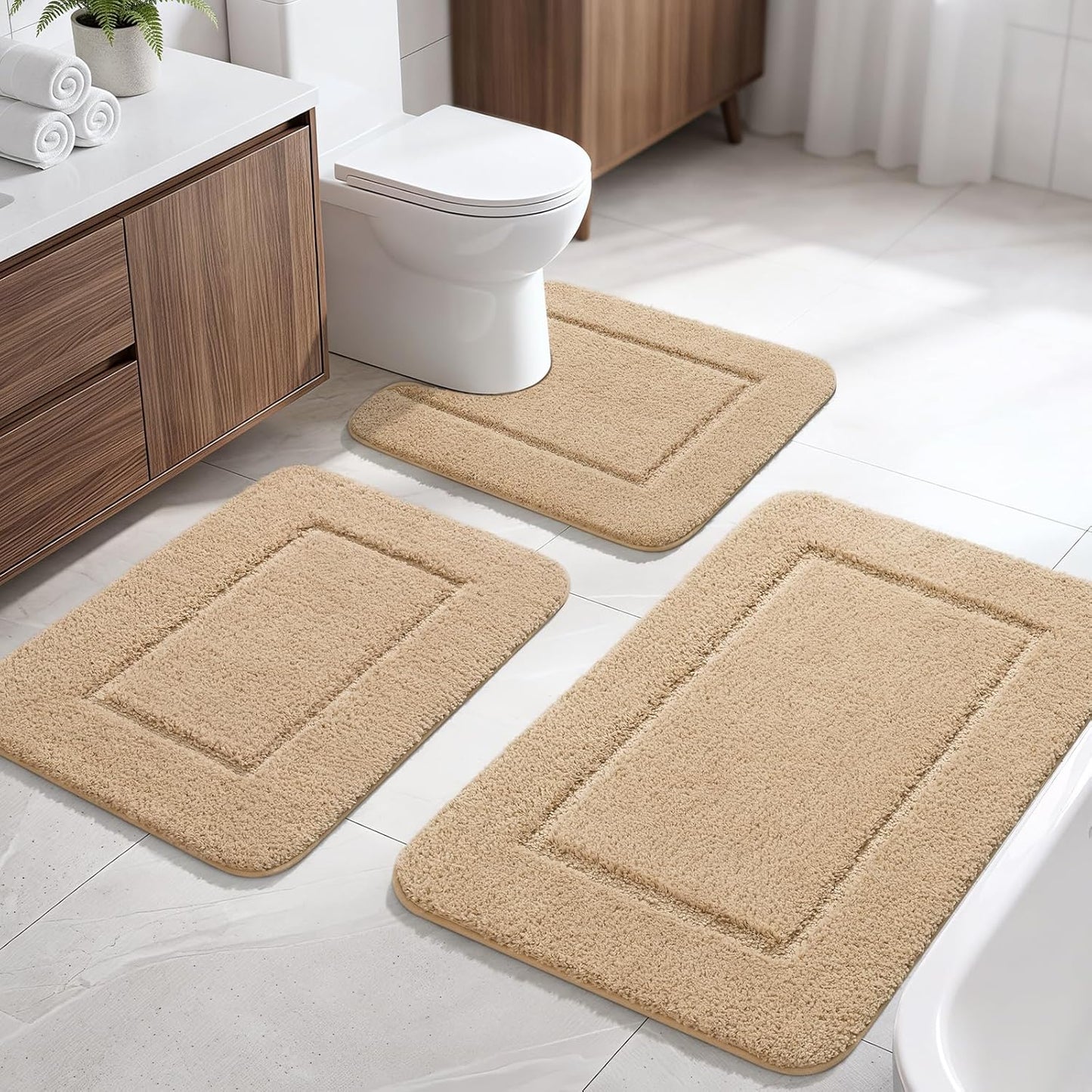 LOCHAS Bathroom Rug Set, Bath Rugs Sets 3 Piece Non Slip Backing, Washable Absorbent Microfiber Bath Mat Set, Soft Cozy Bathroom Mat for Shower Sink Toilet, Beige