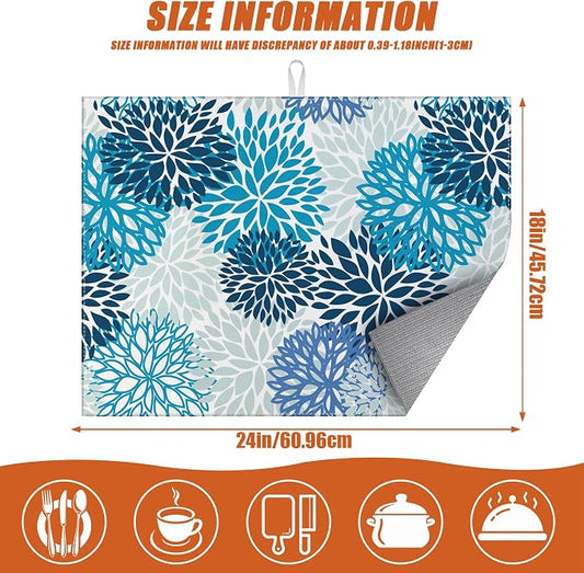 Blue Floral Dish Drying Mat for Kitchen Counter Microfiber Absorbent Dish - Image 2