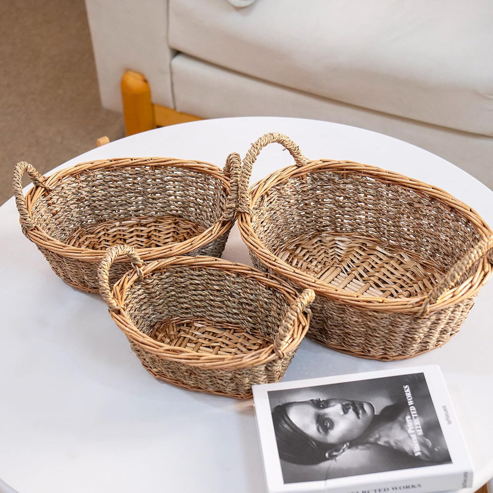 Natural Wicker Seagrass Woven Storage Baskets Set of 3, Oval