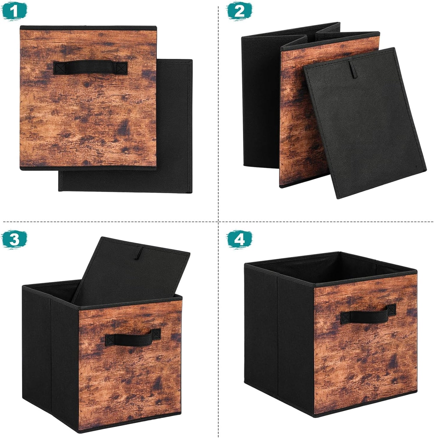 Stero Fabric Storage Cubes, 3 Pack Foldable Storage Bins with Handle, 11 Inch Storage Baskets Box for Shelves, Closet, Organizer, Rustic Brown and Black