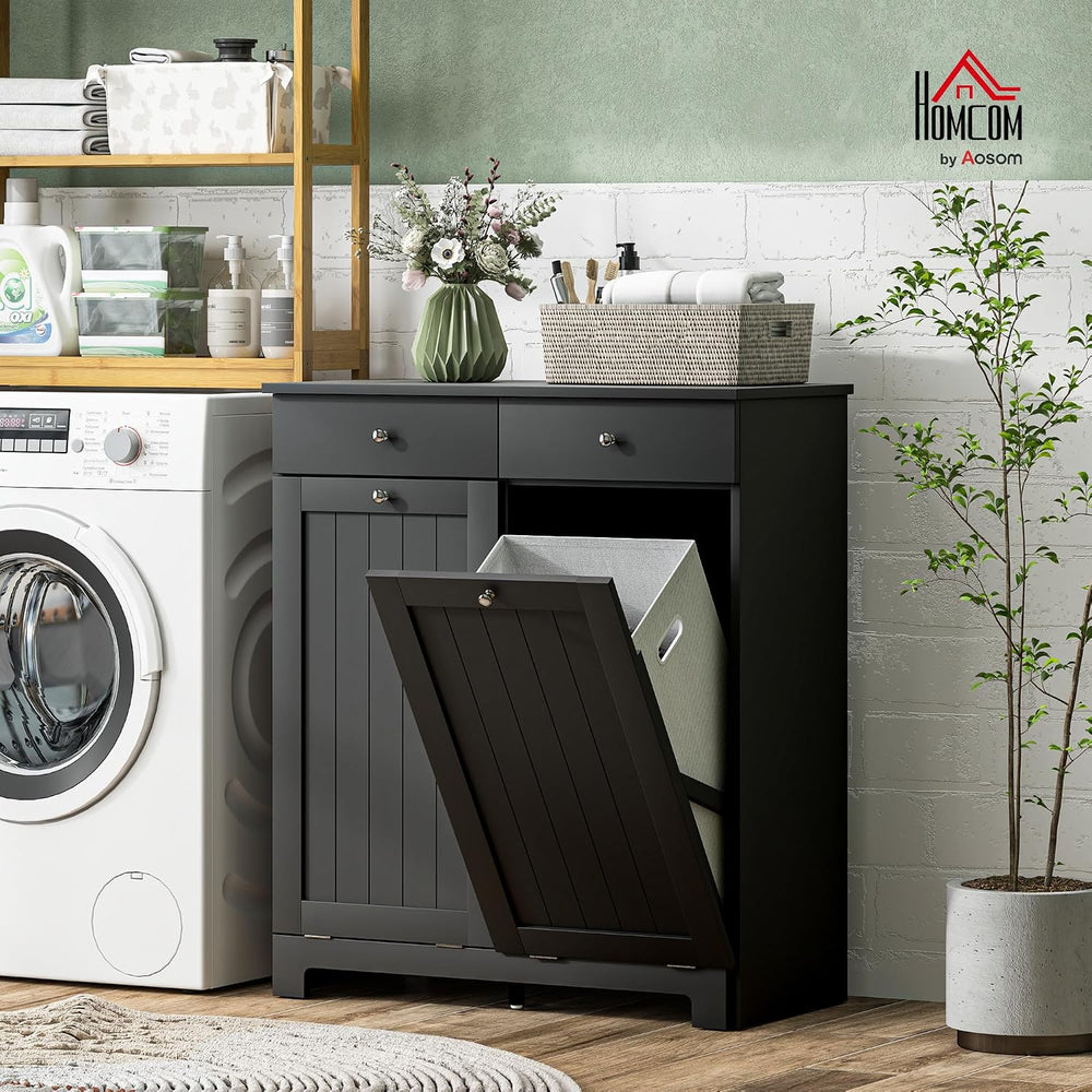 HOMCOM Laundry Cabinet with 2 Removable Baskets, Tilt Out Hamper, Black