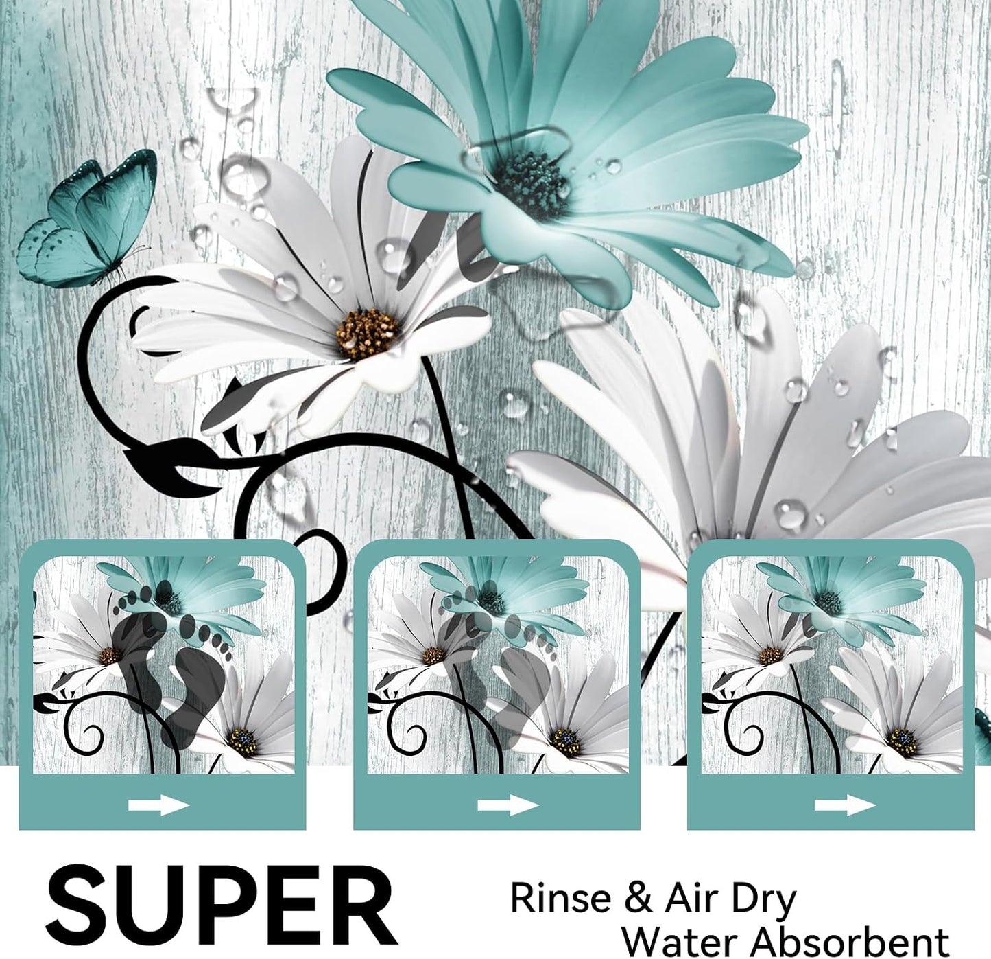 Onalasyc Bathroom Rugs Sets 3 Piece,Teal Daisy Rustic Farmhouse Flowers Butterfly Bath Rug Non Slip Quick Dry Diatomaceous Earth Bath Mat Wood Vintage Decor Washable Suitable for Bathroom,Tub,Shower