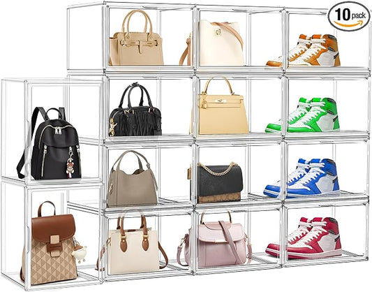 10 Pcs Clear Purse Storage Boxes, Plastic Shoe Boxes Stackable Acrylic Display by EDSFAM