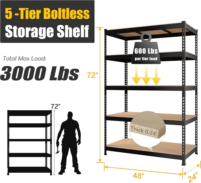 PrimeZone 4 Pack Storage Shelves 48" x 24" x 72", 5 Tier Adjustable Garage - Image 3