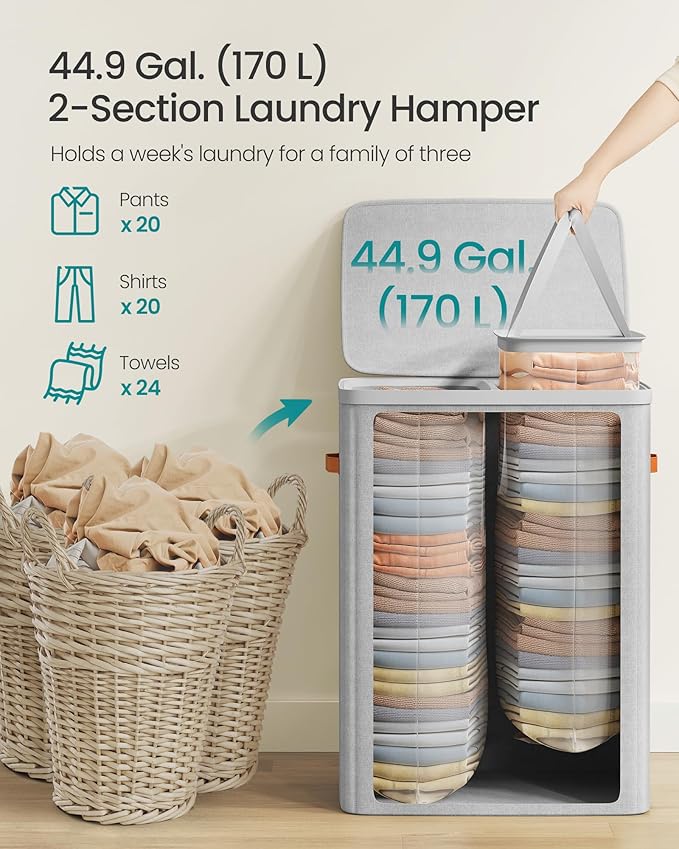 SONGMICS Laundry Basket, 44.9 Gal. Laundry Hamper, 2 Compartments, Easy Assembly - Image 4