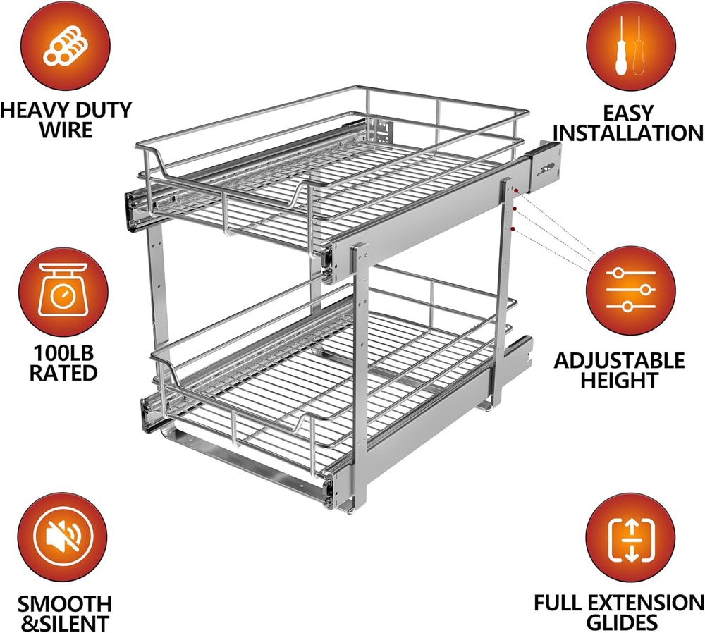 JOWBOOW 2-Tier Pull Out Cabinet Organizer, 23" W x 22" D, Chrome