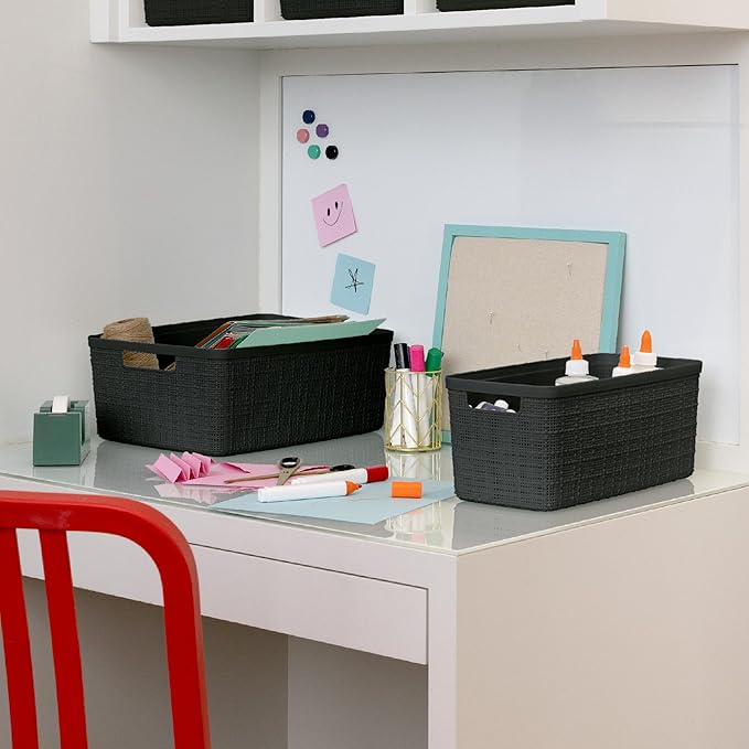 Curver Set of 8 Jute Slim Decorative Plastic Organization and Storage Baskets - Image 5